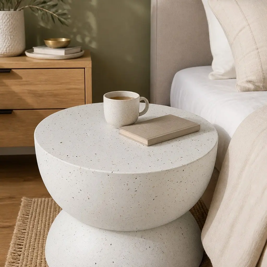 Side Table Terrazzo Magnesium Cement Round 40cm Beige Hourglass