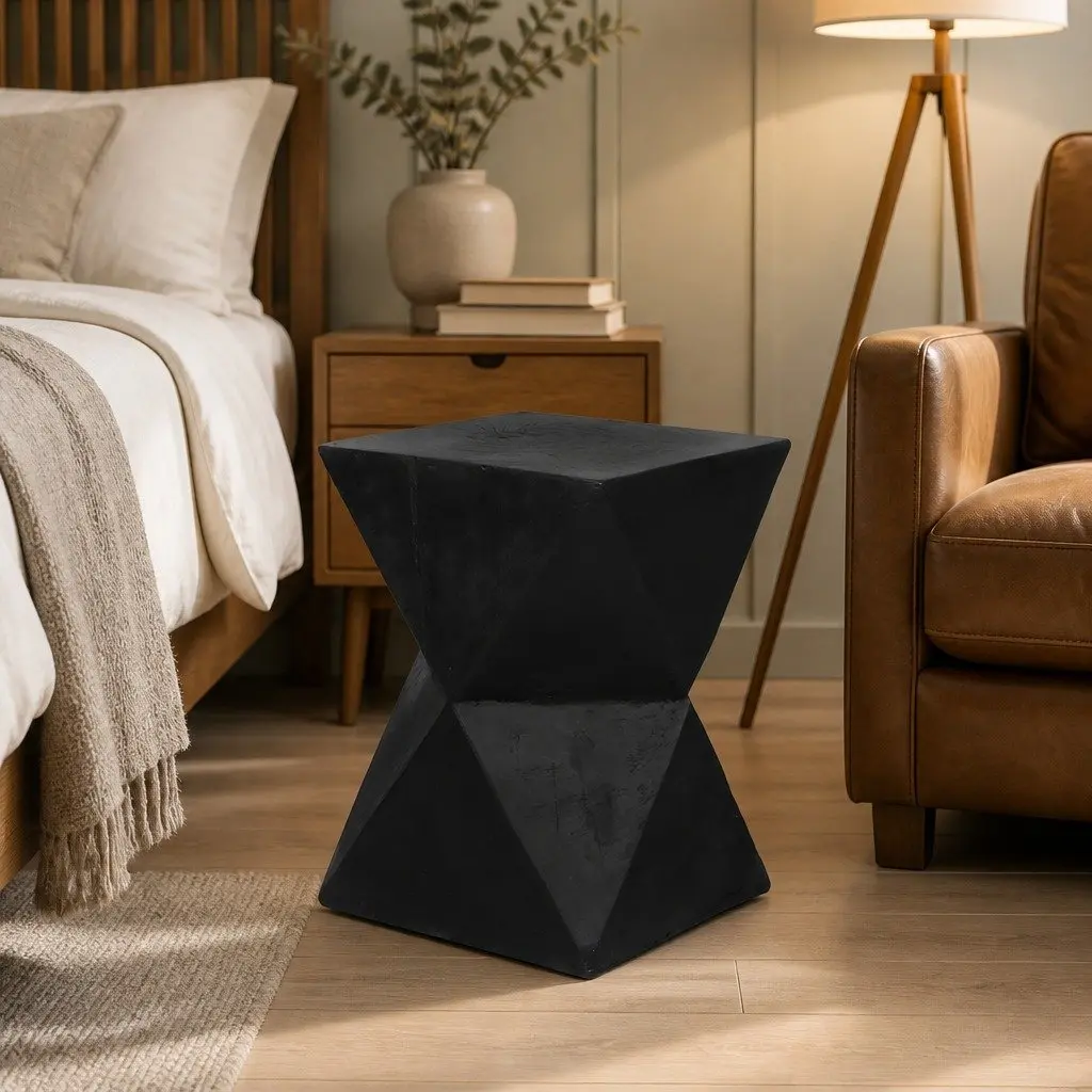 Geometric Accent Stool Terrazzo Black Magnesium Cement 31cm Wide 31cm Deep 45cm High Nightstand Side Table
