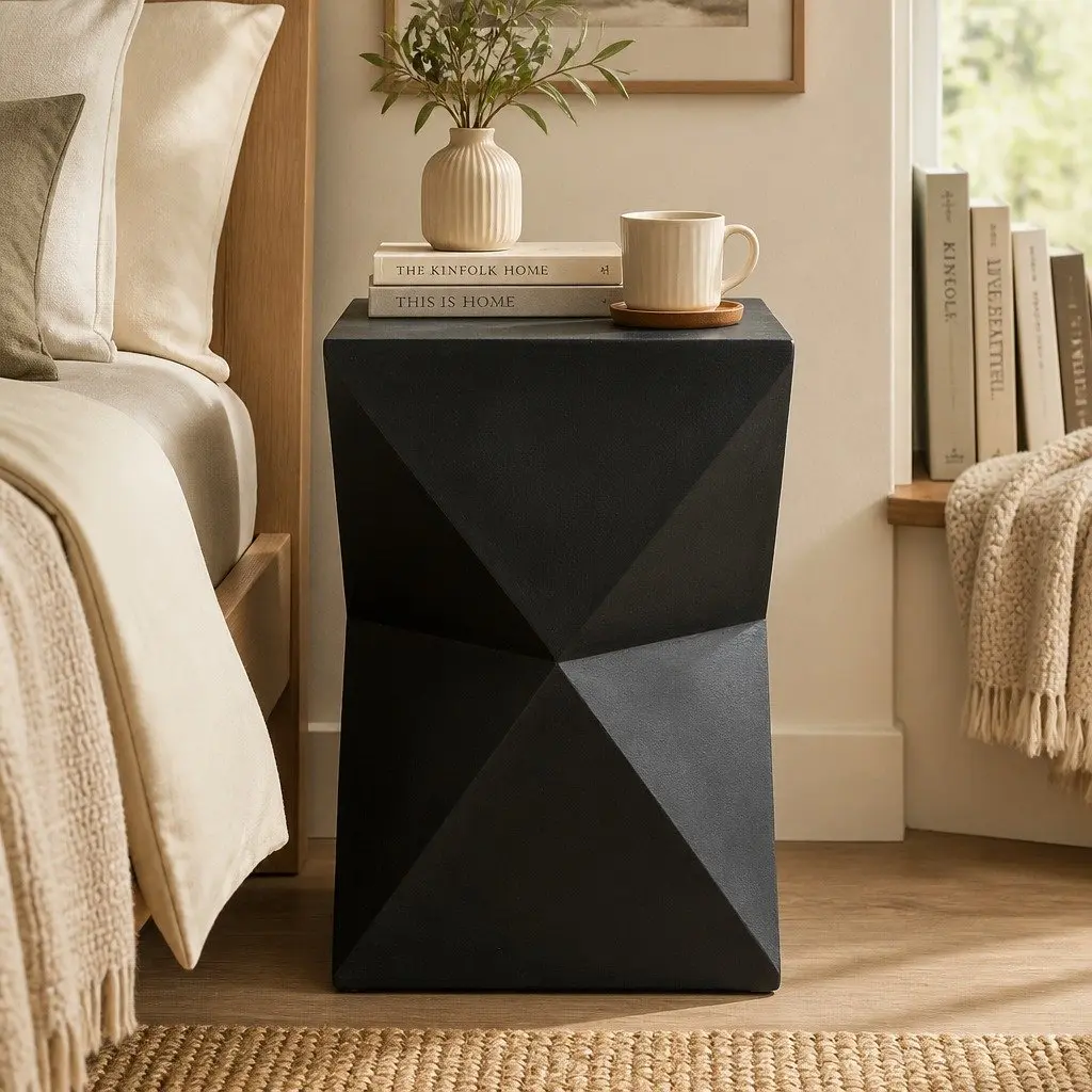 Geometric Accent Stool Terrazzo Black Magnesium Cement 31cm Wide 31cm Deep 45cm High Nightstand Side Table