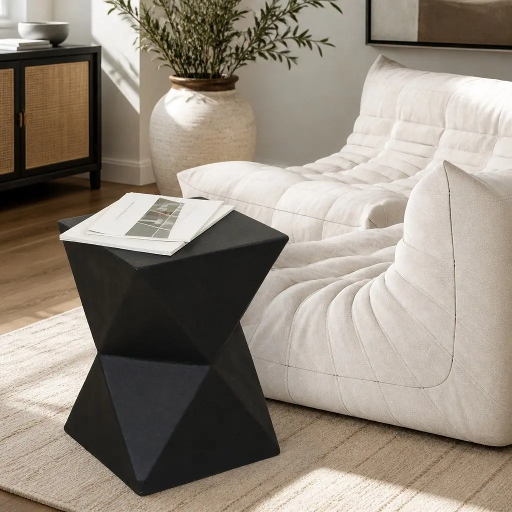 Geometric Accent Stool Terrazzo Black Magnesium Cement 31cm Wide 31cm Deep 45cm High Nightstand Side Table