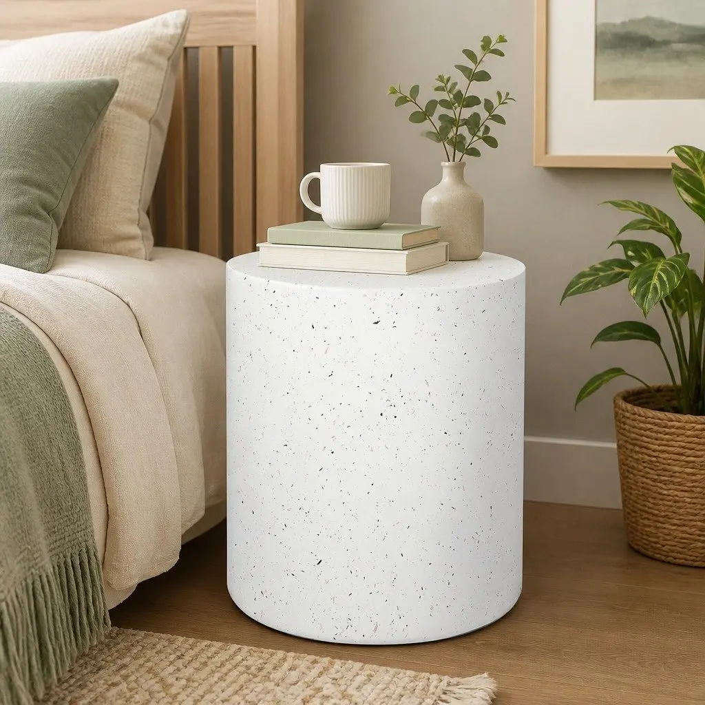 Round Terrazzo Side Table Cylinder Shape Beige 39.5cm W x 39.5cm D x 47cm H