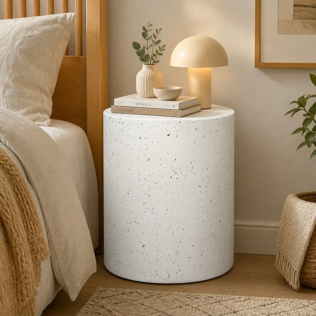 Round Terrazzo Side Table Cylinder Shape Beige 39.5cm W x 39.5cm D x 47cm H