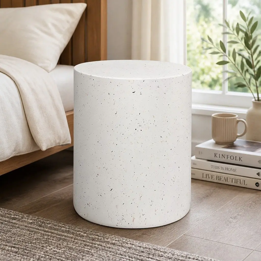 Round Terrazzo Side Table Cylinder Shape Beige 39.5cm W x 39.5cm D x 47cm H