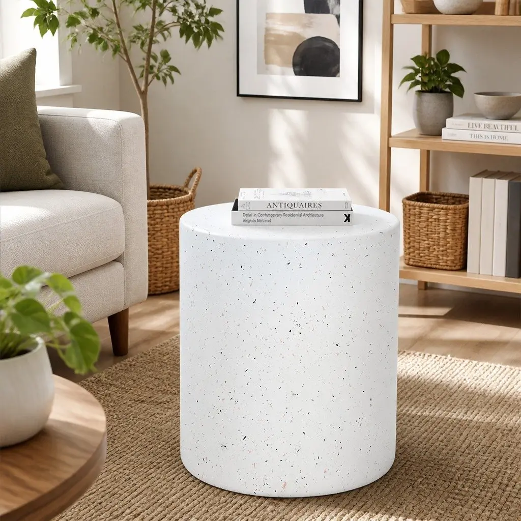 Round Terrazzo Side Table Cylinder Shape Beige 39.5cm W x 39.5cm D x 47cm H