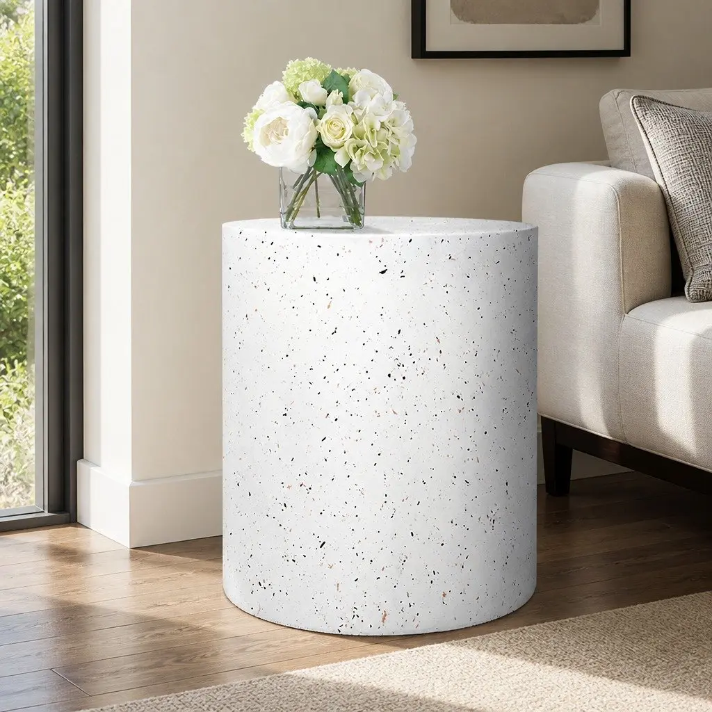 Round Terrazzo Side Table Cylinder Shape Beige 39.5cm W x 39.5cm D x 47cm H