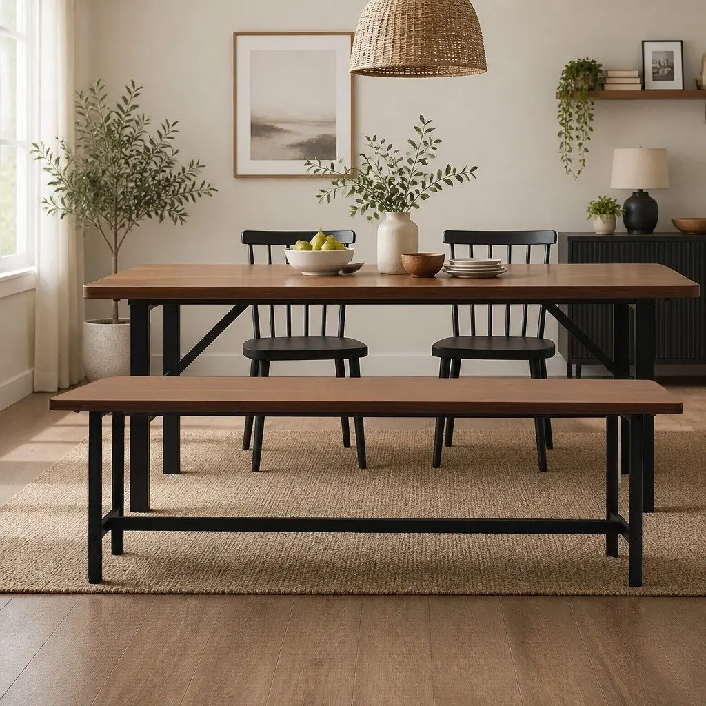 Dining Bench MDF Top Steel Frame 140cm Brown 2-3 Seater Home Furniture