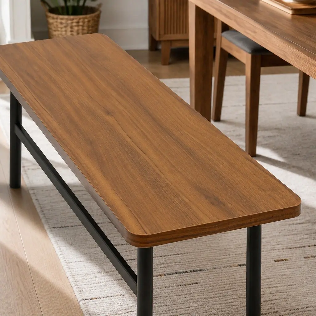 Dining Bench MDF Top Steel Frame 140cm Brown 2-3 Seater Home Furniture