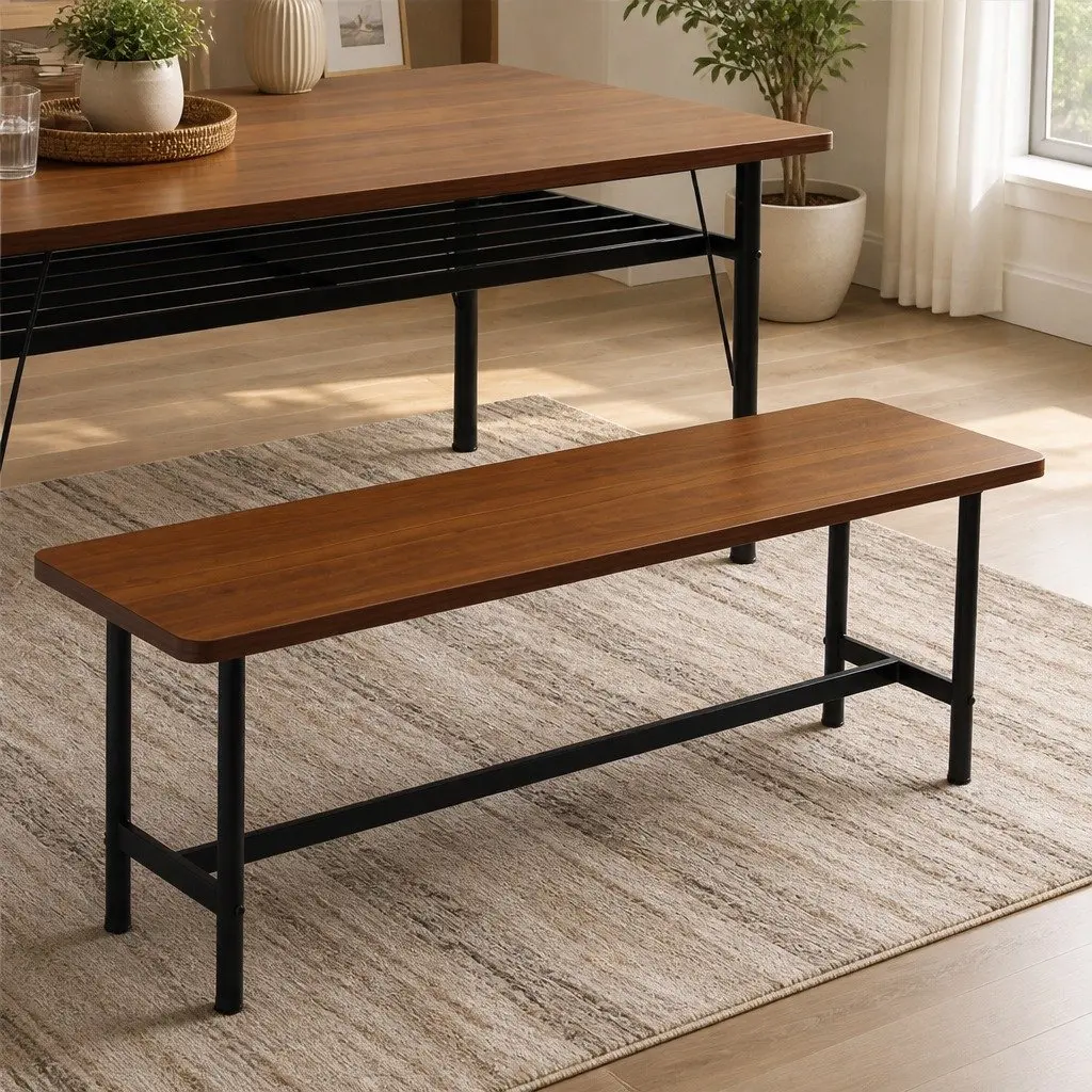 Dining Bench MDF Top Steel Frame 140cm Brown 2-3 Seater Home Furniture