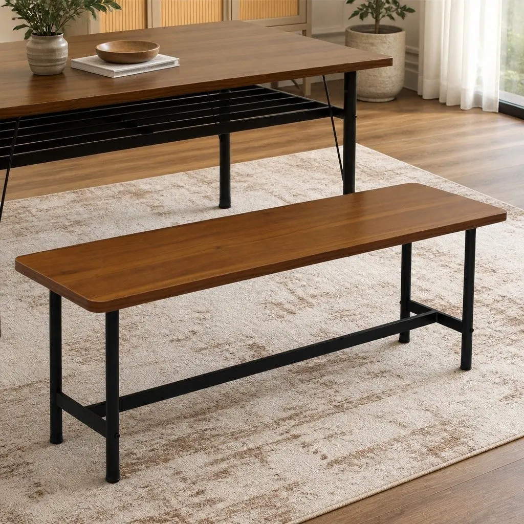Dining Bench MDF Top Steel Frame 140cm Brown 2-3 Seater Home Furniture