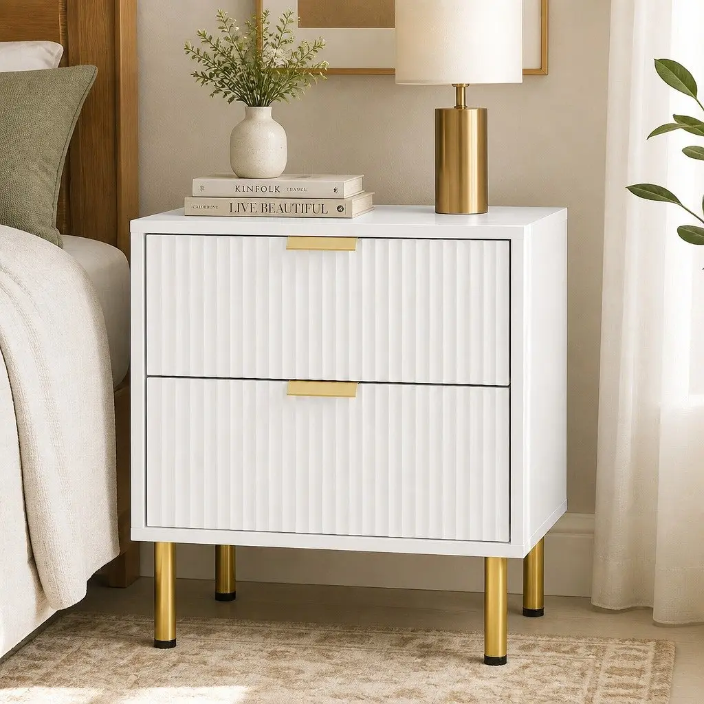 White Bedside Table with 2 Drawers Metal Legs Compact Storage Organiser