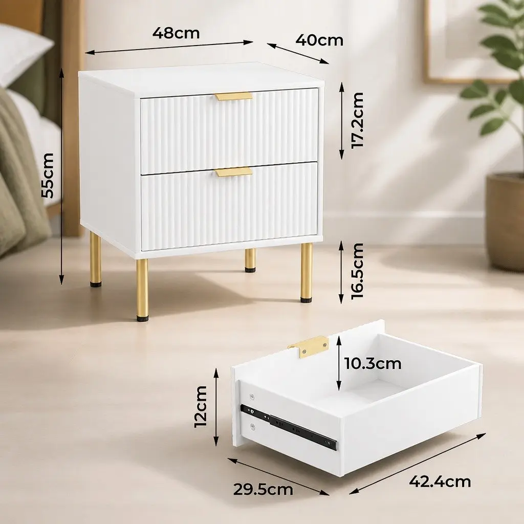 White Bedside Table with 2 Drawers Metal Legs Compact Storage Organiser