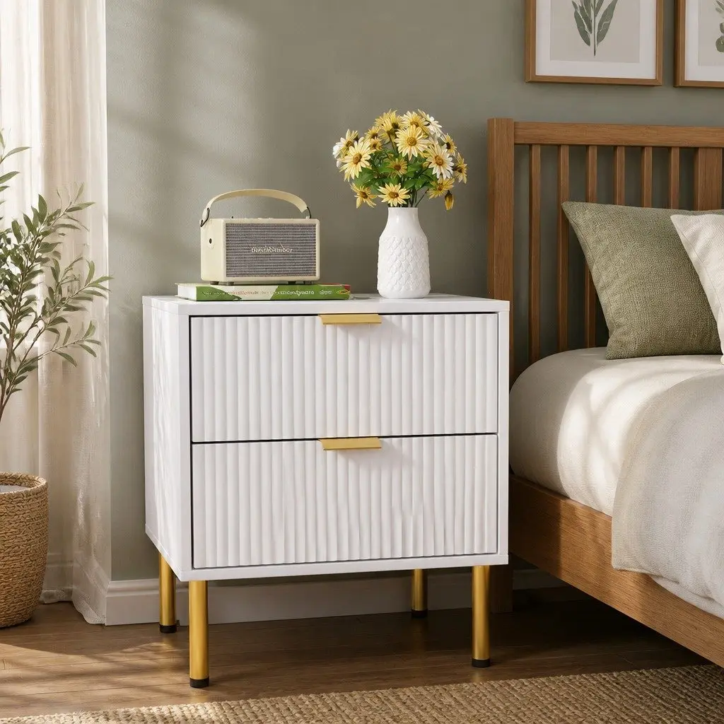 White Bedside Table with 2 Drawers Metal Legs Compact Storage Organiser