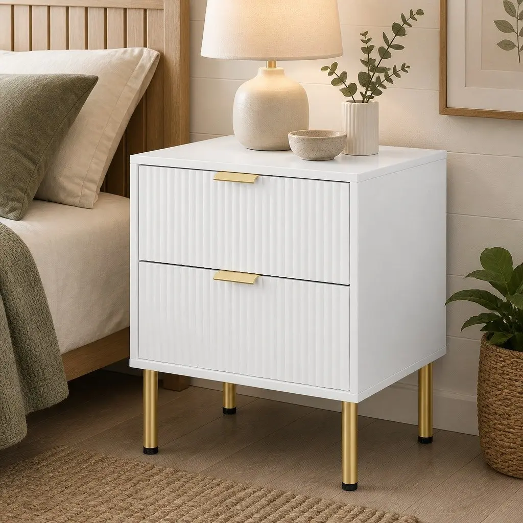 White Bedside Table with 2 Drawers Metal Legs Compact Storage Organiser
