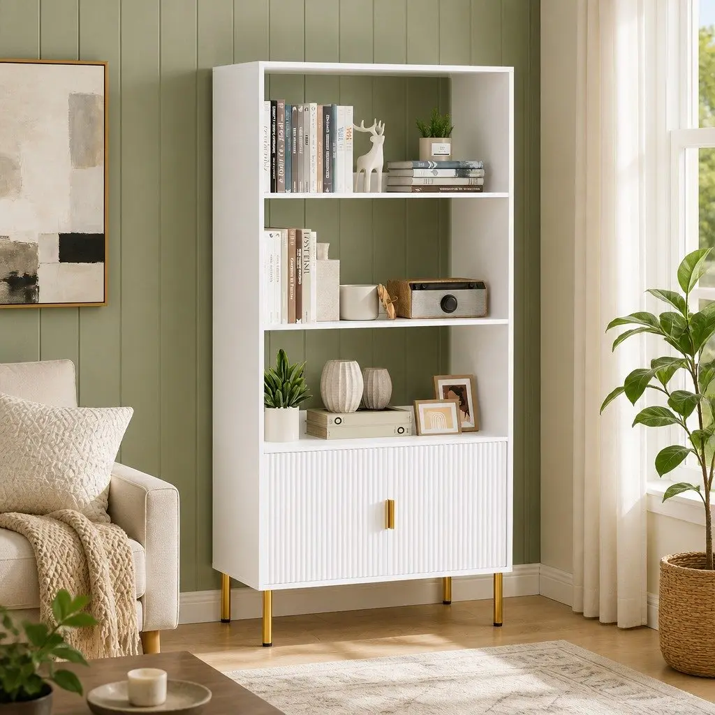 Display Shelf 3 Tier Bookshelf Open Storage Cabinet with Doors White