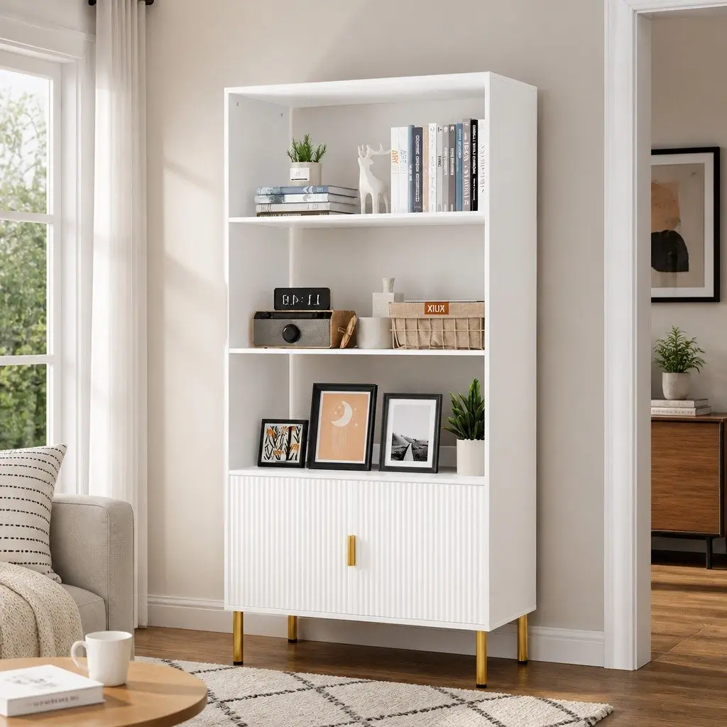 Display Shelf 3 Tier Bookshelf Open Storage Cabinet with Doors White