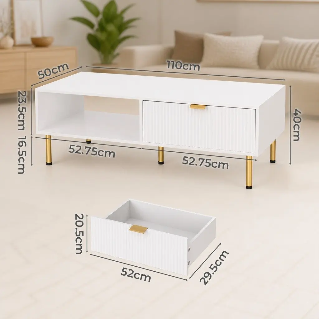 Coffee Table MDF Steel 110cm White Gold