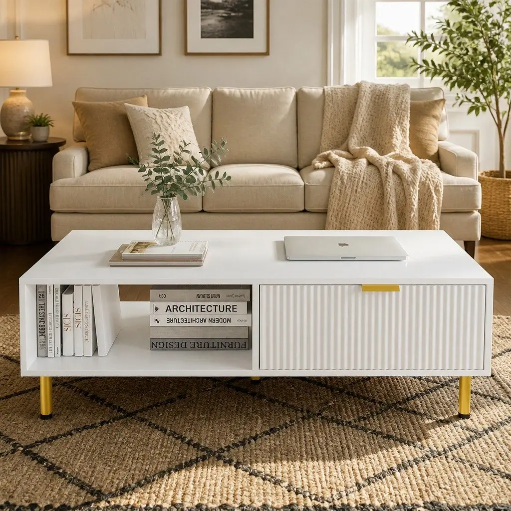 Coffee Table MDF Steel 110cm White Gold