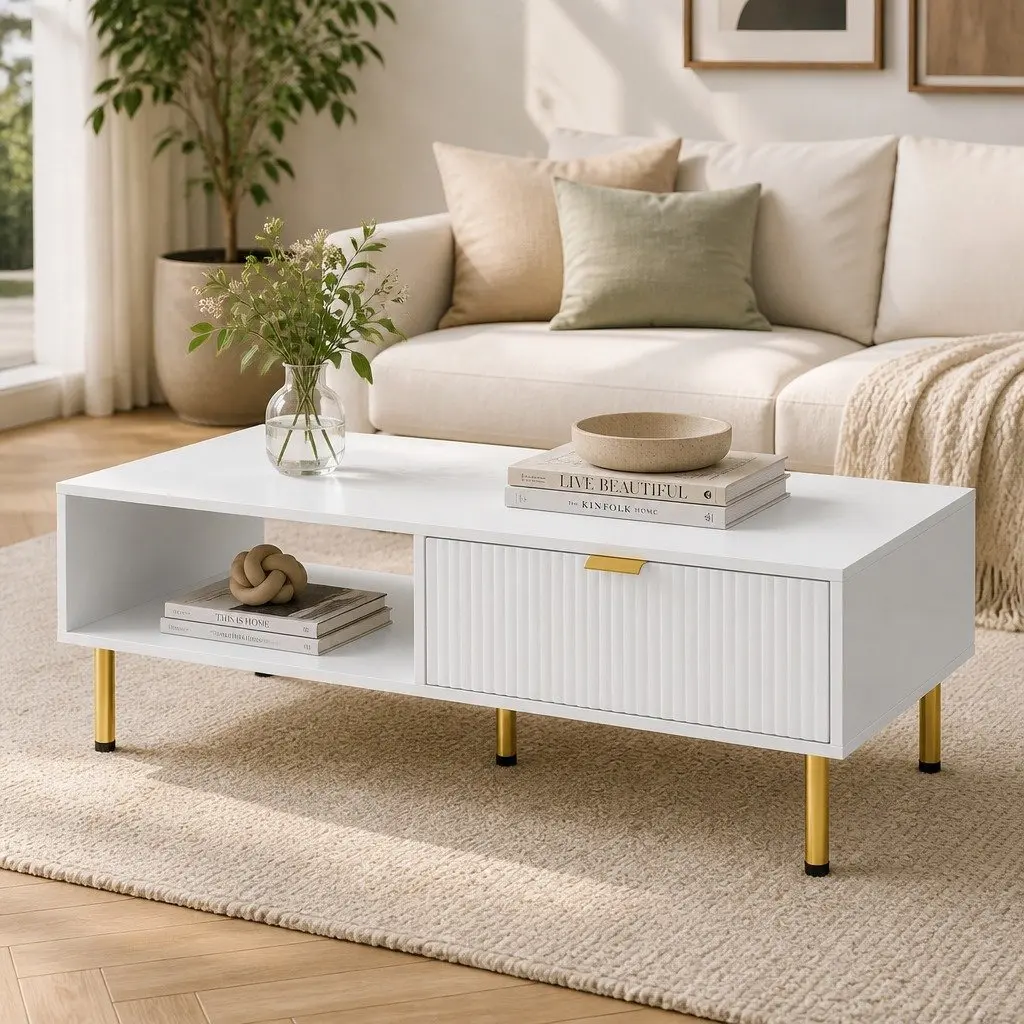 Coffee Table MDF Steel 110cm White Gold