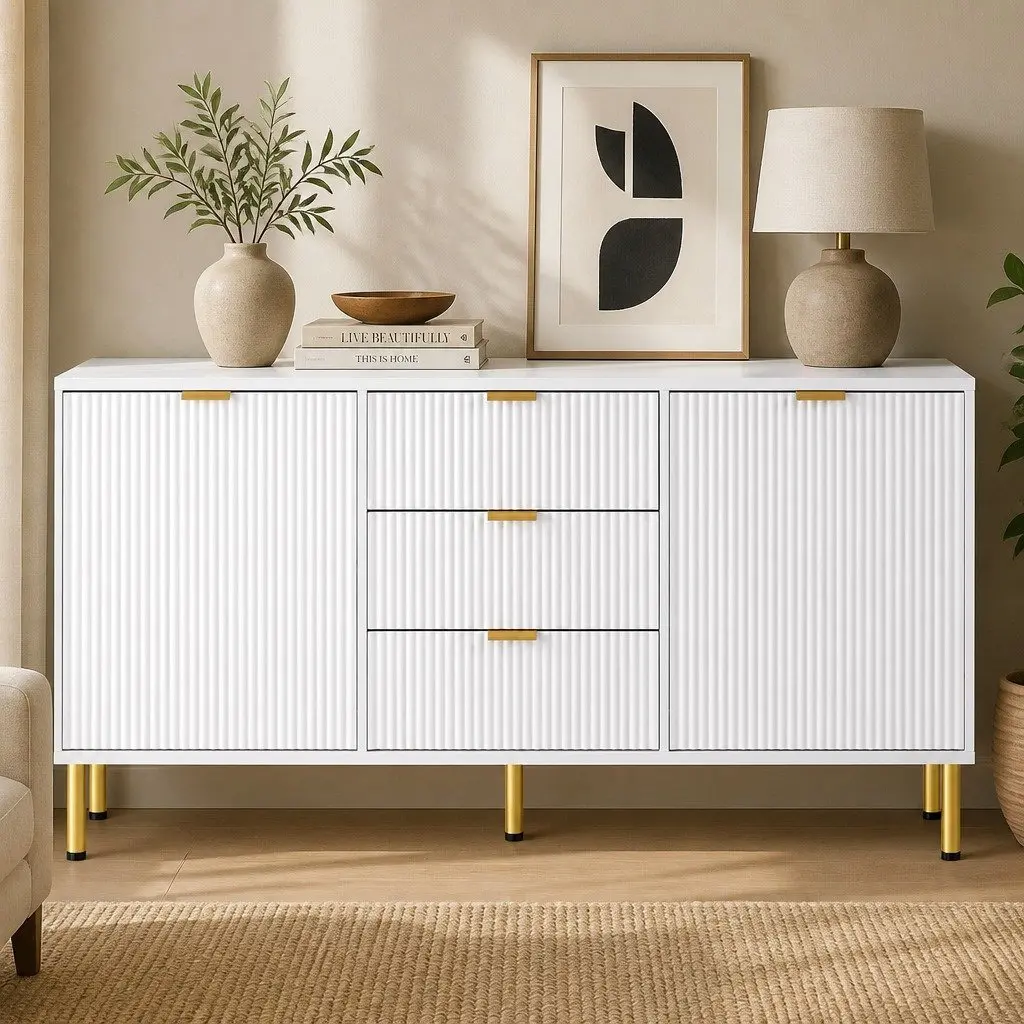Storage Sideboard Cabinet MDF White 3 Drawers 2 Doors