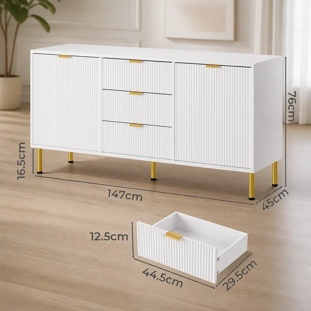 Storage Sideboard Cabinet MDF White 3 Drawers 2 Doors