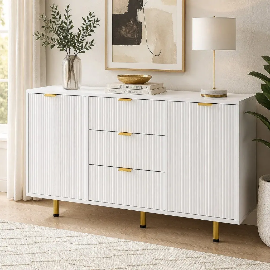 Storage Sideboard Cabinet MDF White 3 Drawers 2 Doors