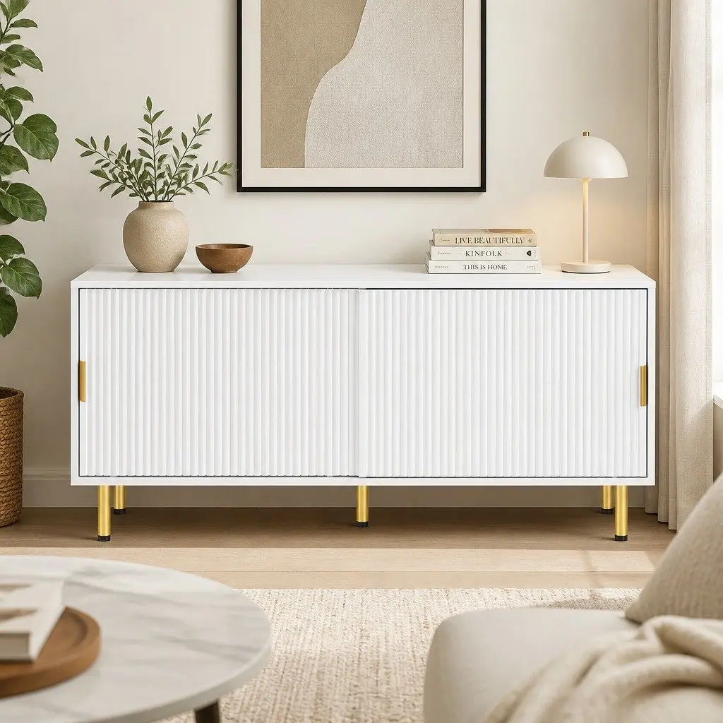 TV Cabinet MDF and Steel Frame 120cm White with Gold Accents