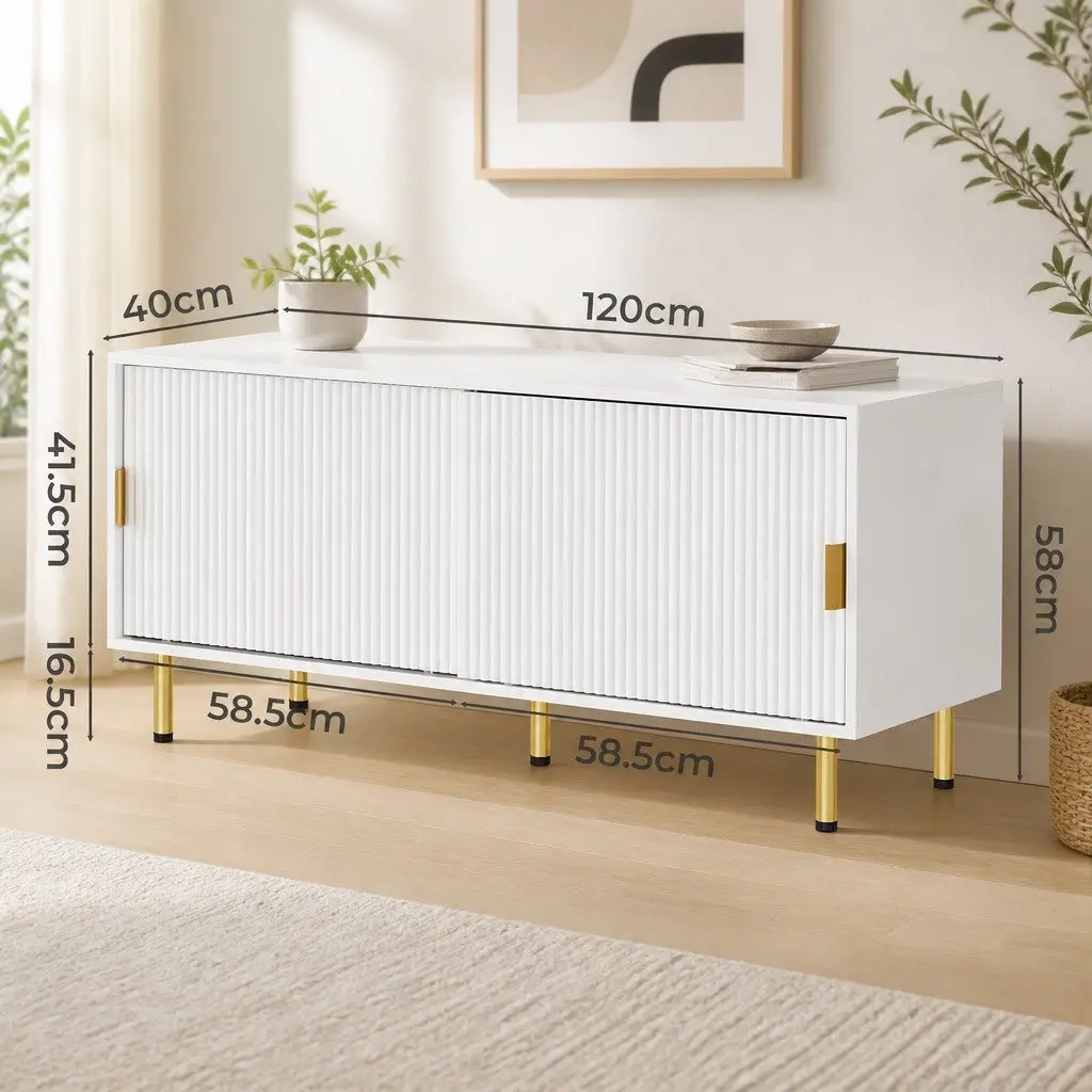 TV Cabinet MDF and Steel Frame 120cm White with Gold Accents