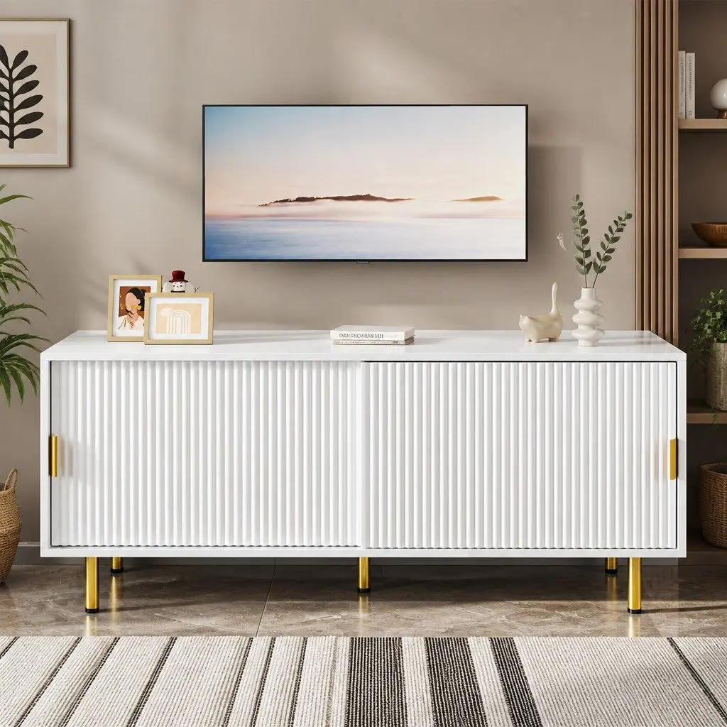 TV Cabinet MDF and Steel Frame 120cm White with Gold Accents