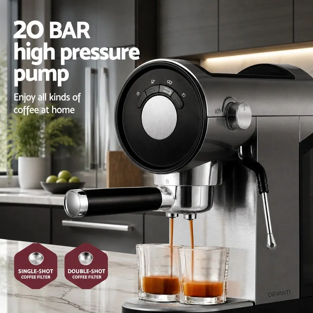 Espresso Coffee Machine 20 Bar Metal Silver 14x29x30cm
