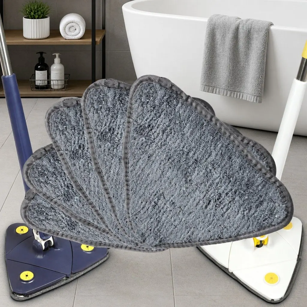 Cleaning Mop Microfibre 360° Rotatable Triangle Head 130cm x 27cm White Navy Blue with 5 Detachable Cloth Pads