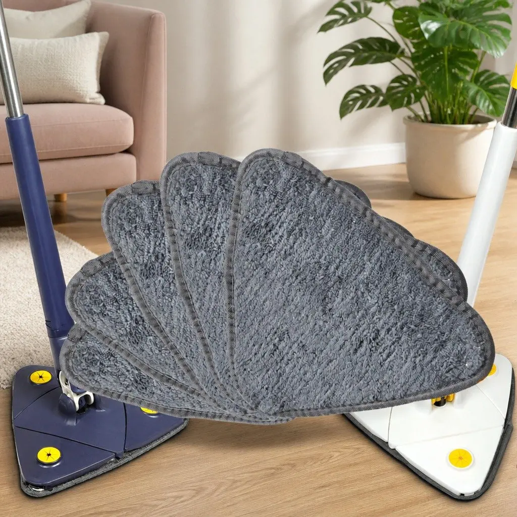Cleaning Mop Microfibre 360° Rotatable Triangle Head 130cm x 27cm White Navy Blue with 5 Detachable Cloth Pads