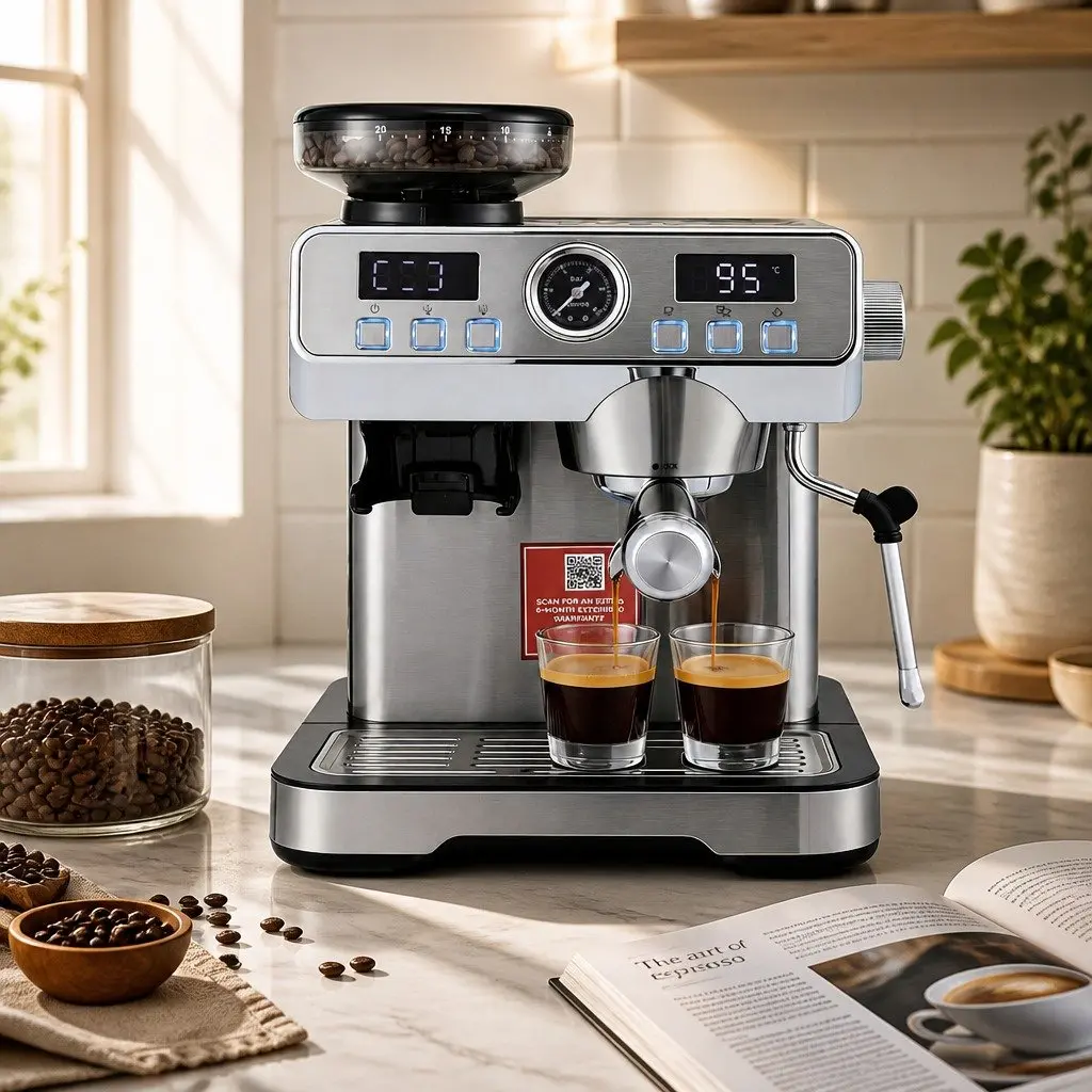 Espresso Coffee Machine with Grinder Milk Frother Steam Wand Mug Warmer Silver