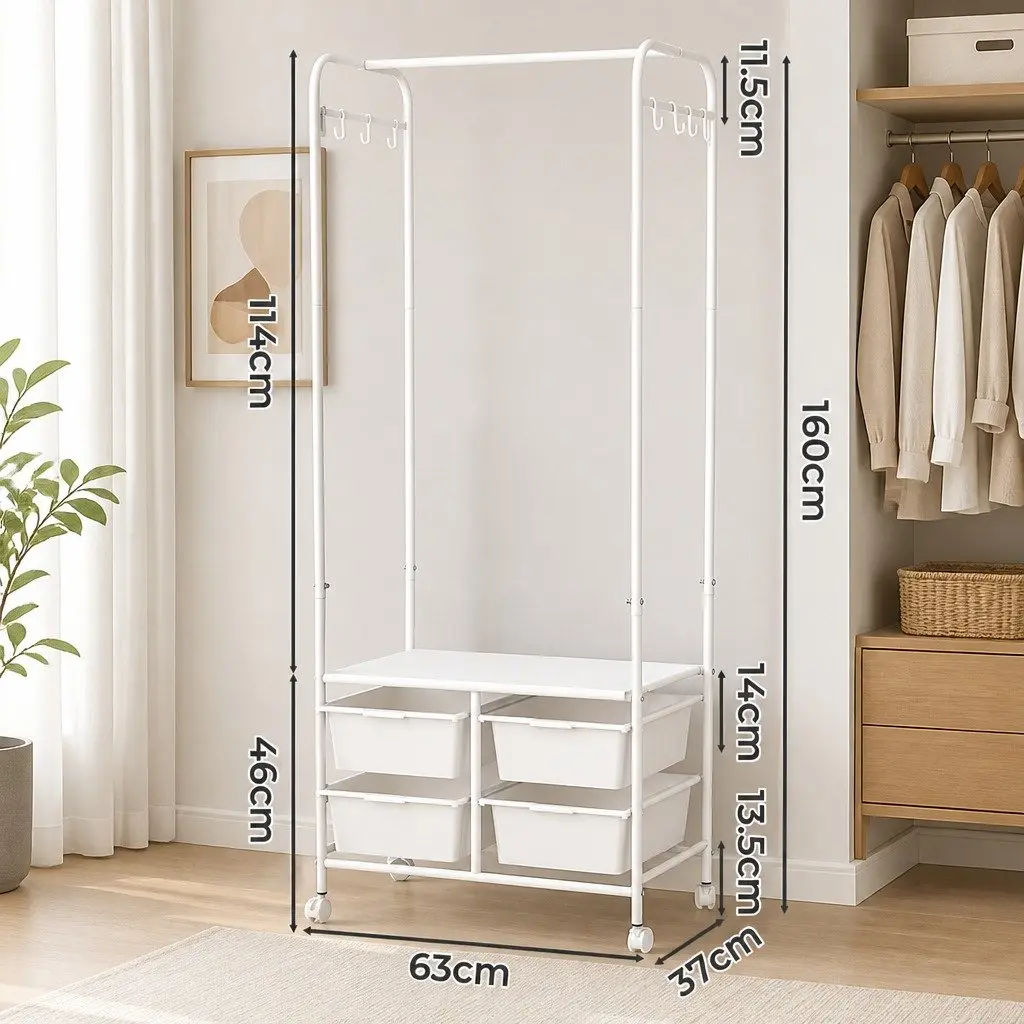 Clothes Rack Stand Steel Frame 63CM White Horizontal Bar Storage Boxes Side Hooks Shoe Shelf