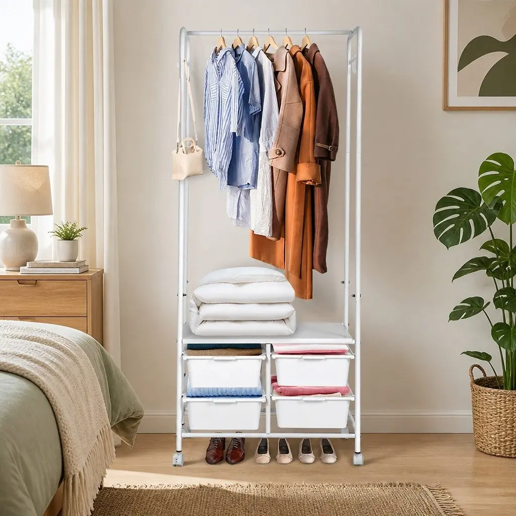 Clothes Rack Stand Steel Frame 63CM White Horizontal Bar Storage Boxes Side Hooks Shoe Shelf
