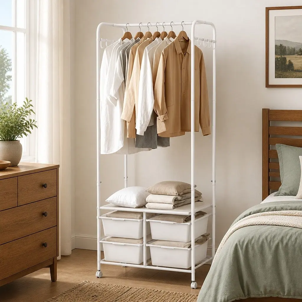 Clothes Rack Stand Steel Frame 63CM White Horizontal Bar Storage Boxes Side Hooks Shoe Shelf