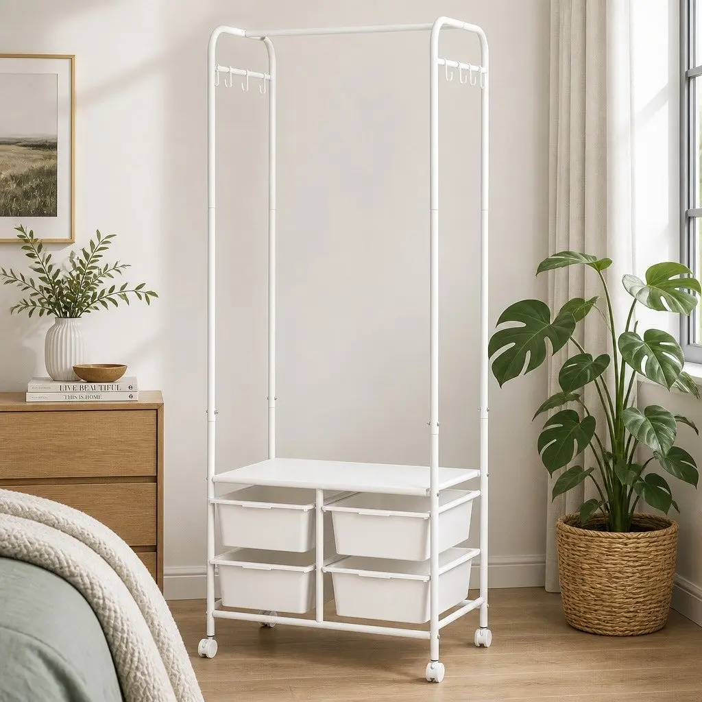 Clothes Rack Stand Steel Frame 63CM White Horizontal Bar Storage Boxes Side Hooks Shoe Shelf