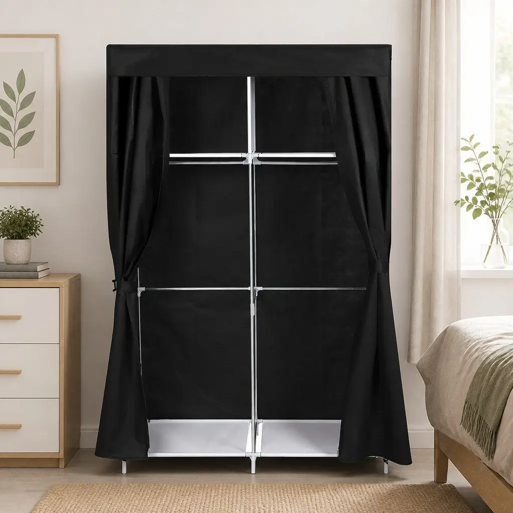 Fabric Wardrobe Organizer Storage Closet 102cm Waterproof Non-Woven Fabric Black and Silver Metal Frame