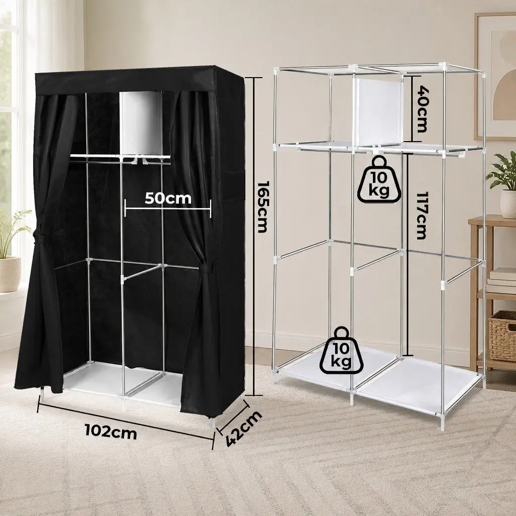 Fabric Wardrobe Organizer Storage Closet 102cm Waterproof Non-Woven Fabric Black and Silver Metal Frame