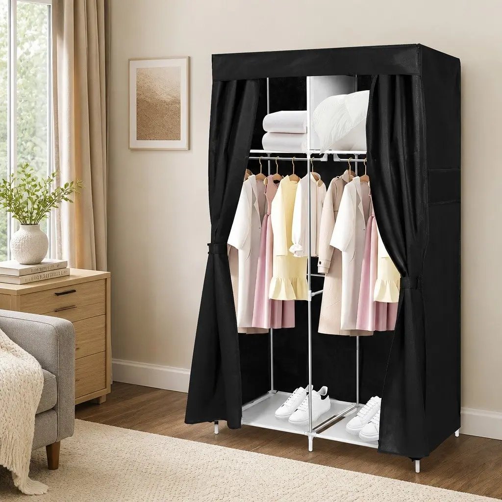 Fabric Wardrobe Organizer Storage Closet 102cm Waterproof Non-Woven Fabric Black and Silver Metal Frame