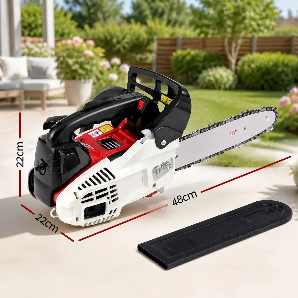 Chainsaw 25cc 10 Inch Bar Lightweight Petrol Red White E-Start Power Tool for Tree Pruning