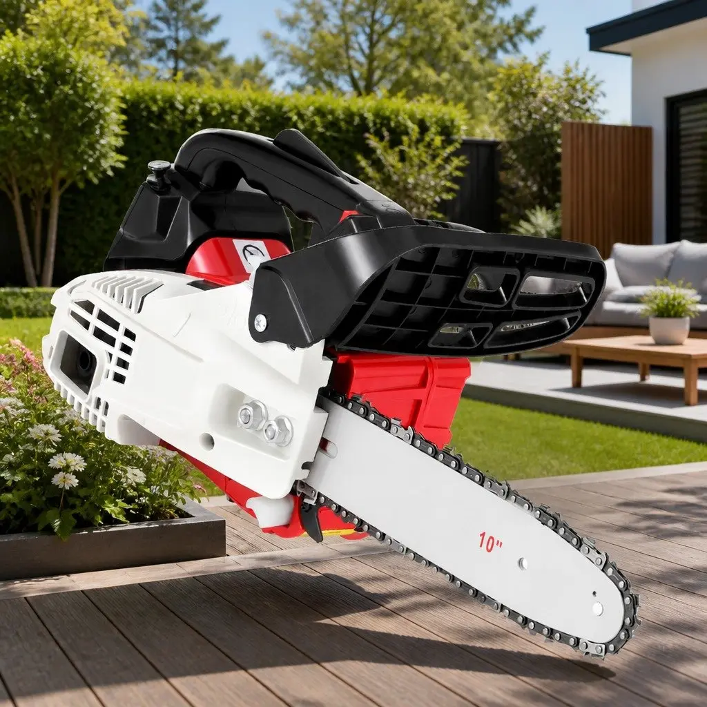 Chainsaw 25cc 10 Inch Bar Lightweight Petrol Red White E-Start Power Tool for Tree Pruning