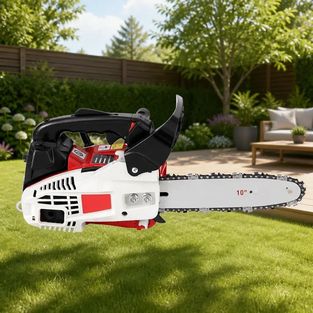Chainsaw 25cc 10 Inch Bar Lightweight Petrol Red White E-Start Power Tool for Tree Pruning