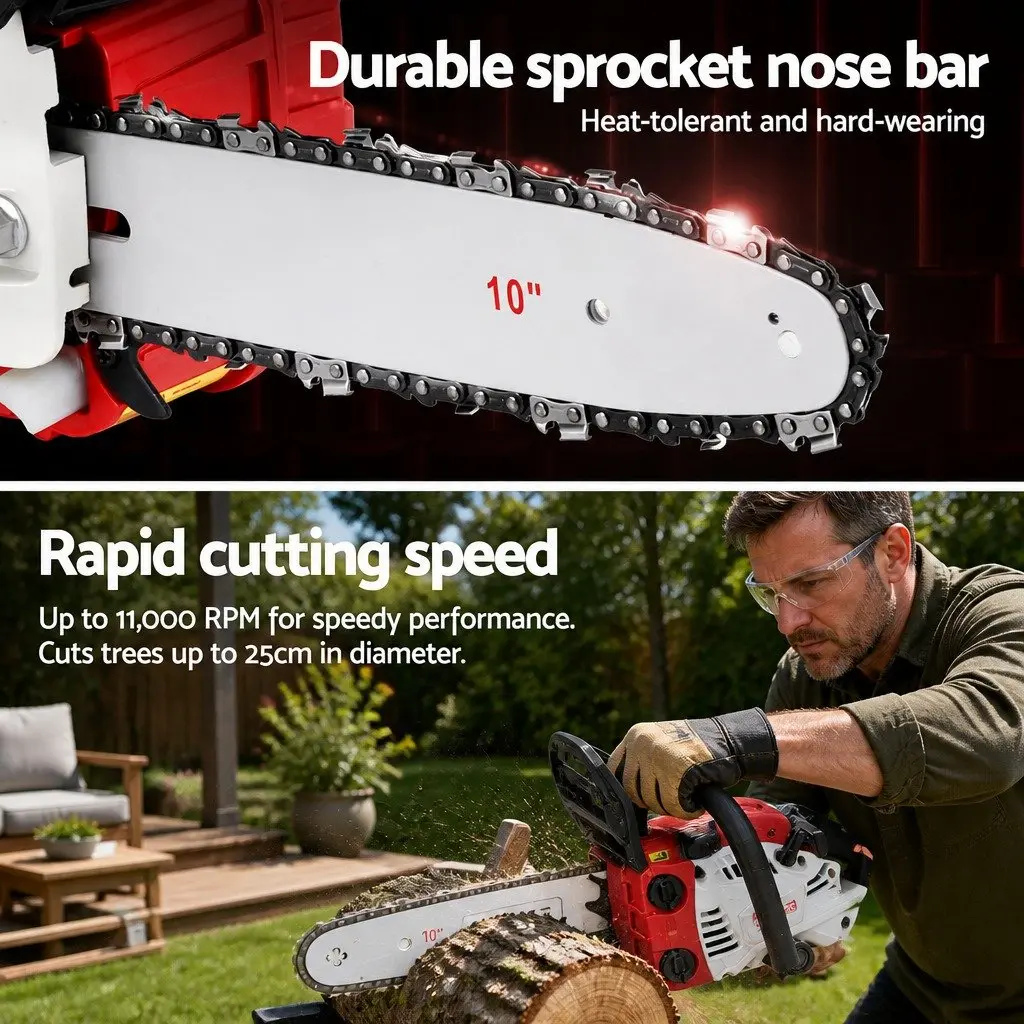 Chainsaw 25cc 10 Inch Bar Lightweight Petrol Red White E-Start Power Tool for Tree Pruning