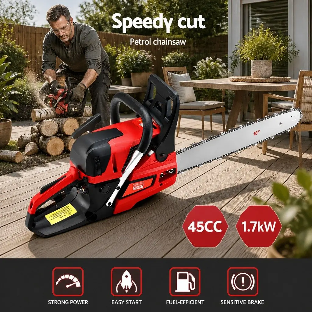 Chainsaw 45CC 16 Inch Bar 2-Stroke Petrol Red and Black