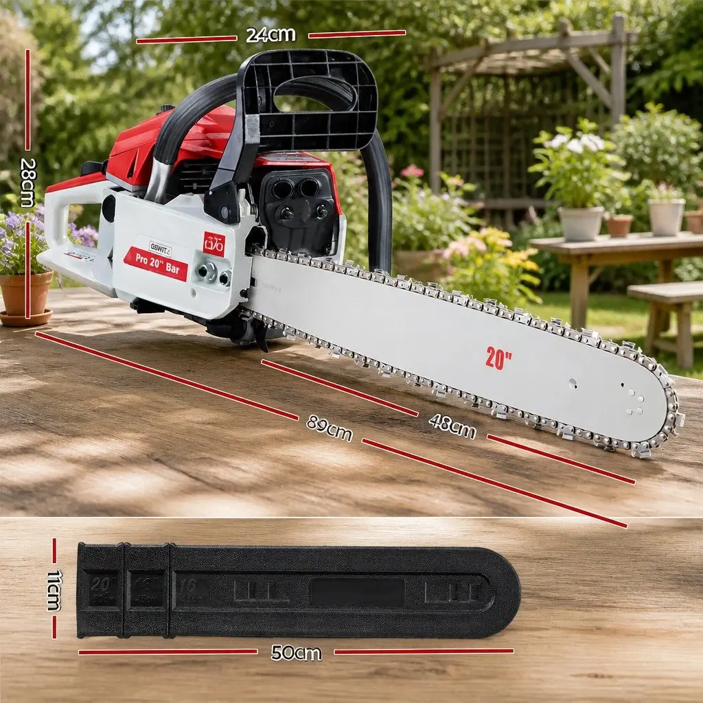 58cc Petrol Chainsaw 20 Inch Bar Red and White Heavy Duty 2 Stroke Engine Easy Start Commercial Grade Pruning Tool