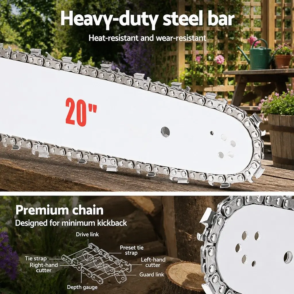 58cc Petrol Chainsaw 20 Inch Bar Red and White Heavy Duty 2 Stroke Engine Easy Start Commercial Grade Pruning Tool