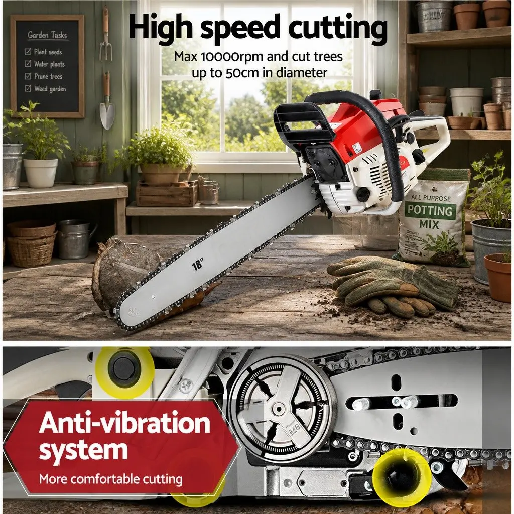 45CC Petrol Chainsaw 18 Inch Bar Red and White E-Start Commercial Grade Cutting Tool