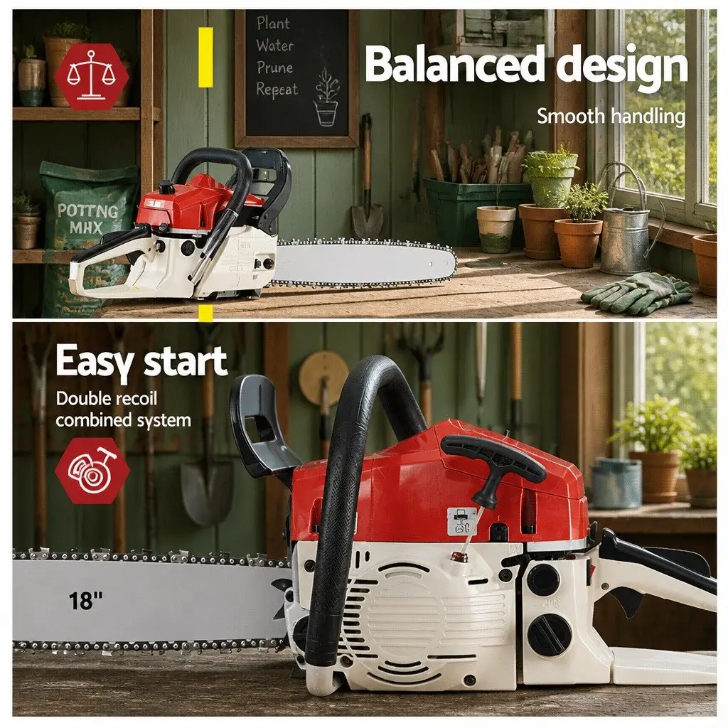 45CC Petrol Chainsaw 18 Inch Bar Red and White E-Start Commercial Grade Cutting Tool