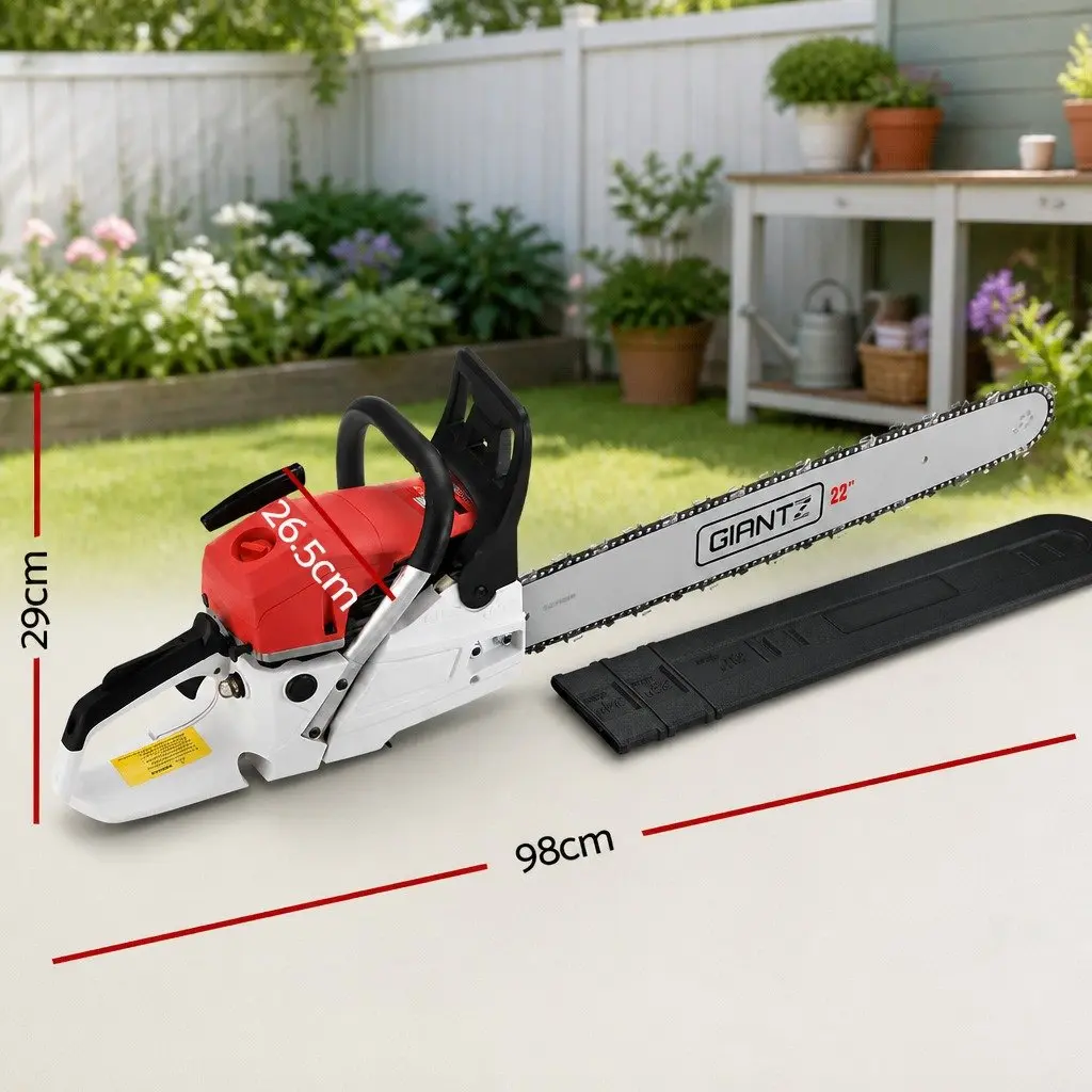 Petrol Chainsaw 62CC 22 Inch Bar Red White Commercial Grade E-Start Pruning Cutting Tool
