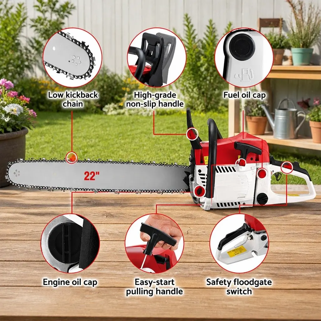 Petrol Chainsaw 62CC 22 Inch Bar Red White Commercial Grade E-Start Pruning Cutting Tool